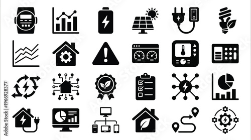 Energy Saving Icons Set with Solar Panel, Battery, Smart Meter and Thermostat, Graph, and House