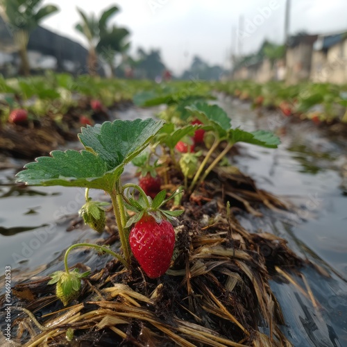 Fresh Red Strawberry Plant Growing in Agricultural Field with Green Leaves and Soil