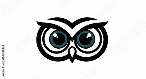 A minimalist, stylized owl face with large, piercing teal eyes and black outlines