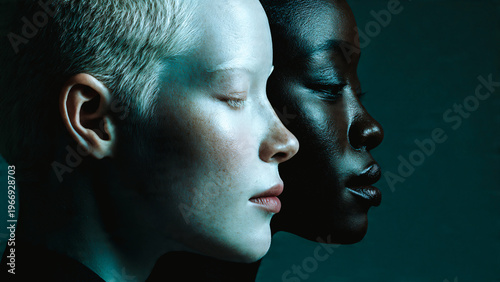 Portrait d'une femme albinos et d'une femme noire vues de profil
