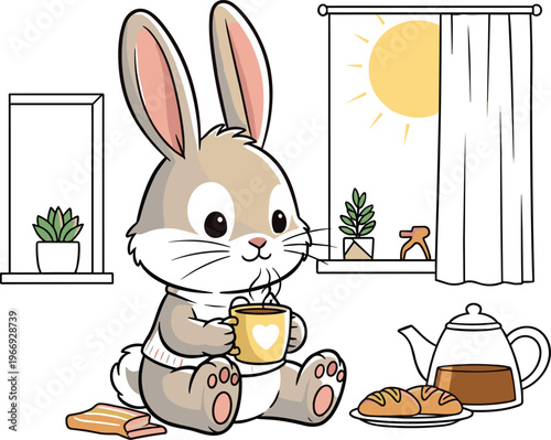 Cute bunny morning routine cartoon with tea cup breakfast croissant window sunlight and cozy home scene kawaii style isolated on white background