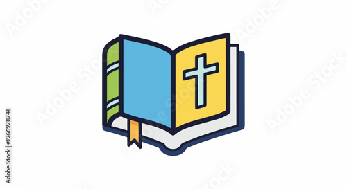 An open book with a blue cover and a yellow page showing a cross
