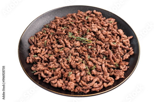 Fried mincemeat, cooked forcemeat in a plate isolated on white background