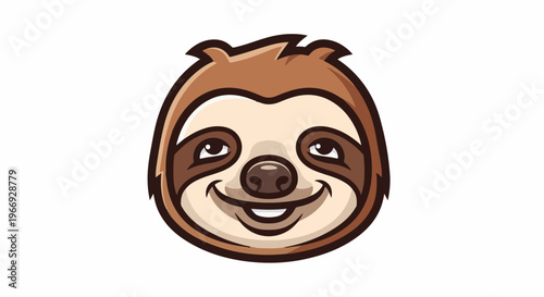 Cartoon sloth face, brown and beige, smiling, with dark eye patches