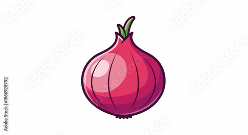Cartoonish red onion with purple hues and green sprout