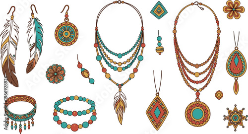 Bohemian ethnic jewelry vector set with feather earrings beaded necklaces bracelets and tribal ornaments illustration isolated on white background