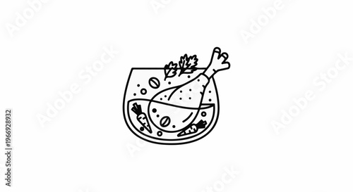 Minimalist illustration of a chicken leg and vegetables in a glass bowl