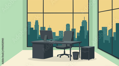 Modern Office Workspace with City Skyline View - Flat Design Illustration