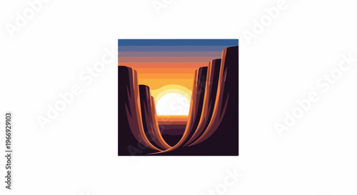 Pixelated canyon view at sunset with orange hues and blue sky