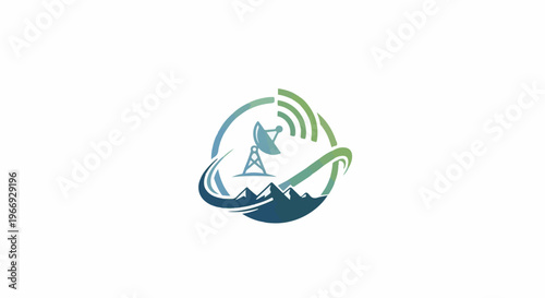 Satellite dish above mountains, signal waves, abstract circular design