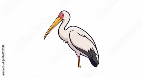 Stylized cartoon stork with yellow beak and red face details