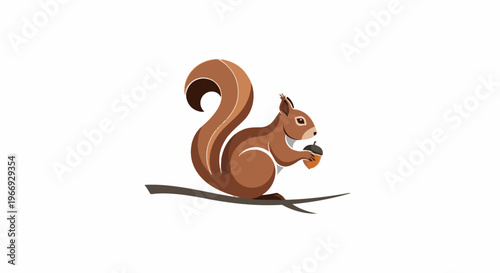 Stylized brown squirrel perched on a branch holding an acorn