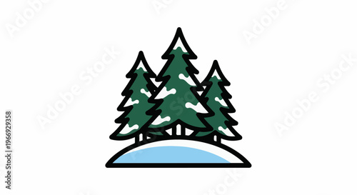 Stylized evergreen trees with snow-dusted branches stand on a snowy hill