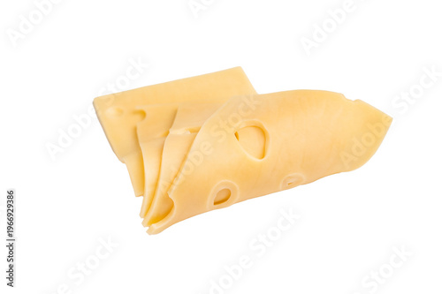 Swiss emmental cheese slices isolated on white background. top view