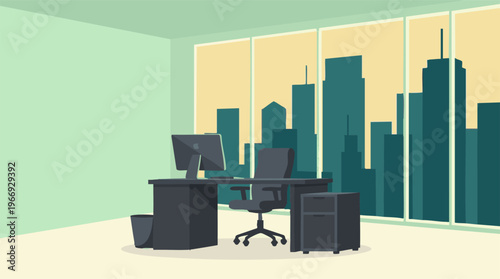 Modern office interior with desk, computer, chair, and urban skyline view