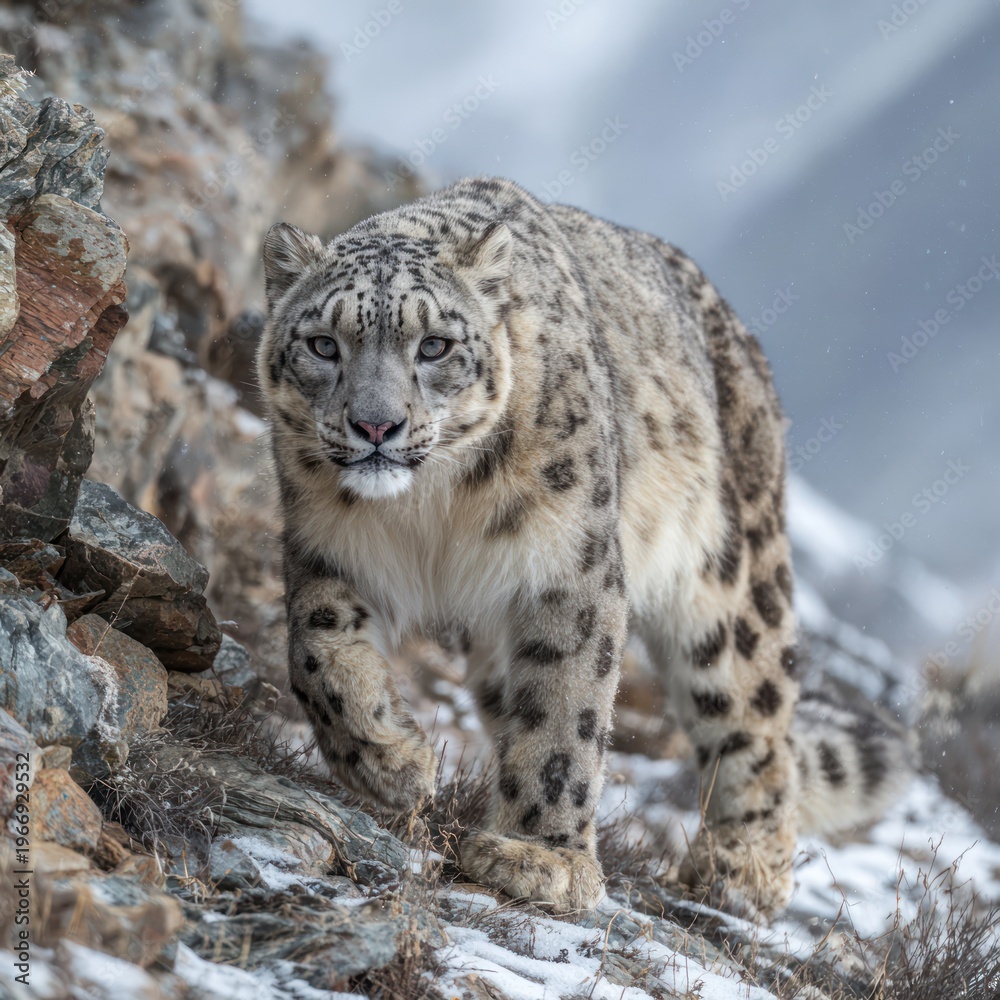 Fototapeta premium Snow Leopard Walking in Mountain Terrain with Snow and Rocky Cliffs