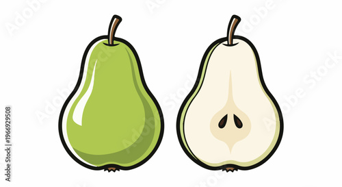 Two pears, one whole and one halved, shown side-by-side on a white background