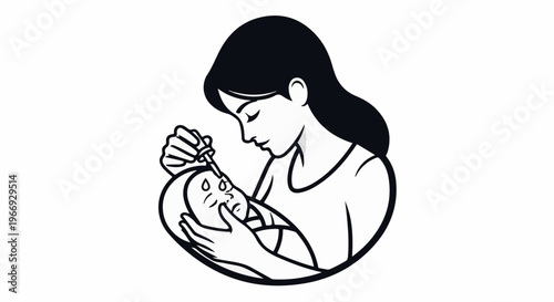 Woman applying drops to a baby's eyes, held in her arms