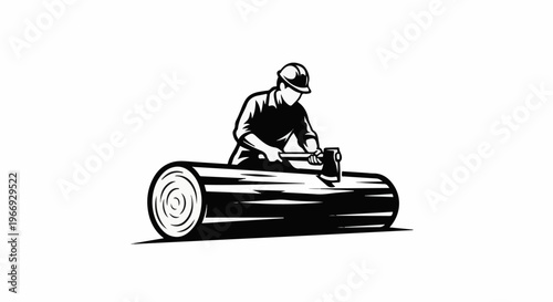 Woodcutter with axe working on a large log