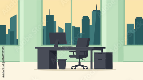 Modern Office Interior with Desk, Computer, Chair, and City Skyline View