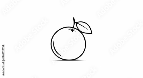 Black and white line art of a single orange with a stem and leaf