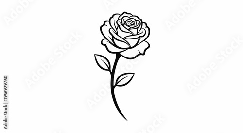 Single black line drawing of a rose with two leaves on its stem
