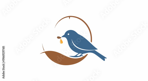 Blue bird with seed and water drop in stylized nest