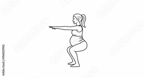 Pregnant woman in profile performing a squat exercise with arms extended forward