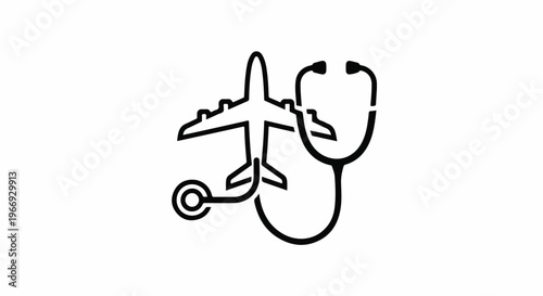 Icon of airplane merged with a stethoscope, representing medical travel
