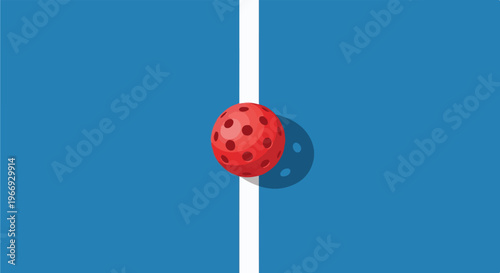 Red pickleball on blue court with white line