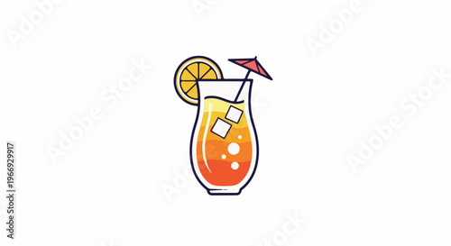 Refreshing tropical drink in a glass with ice cubes, lemon, and umbrella