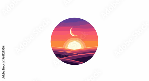 Pixel art landscape with crescent moon, setting sun, and rolling hills