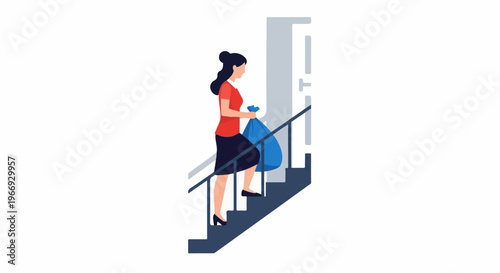 Person climbing stairs carrying a blue trash bag