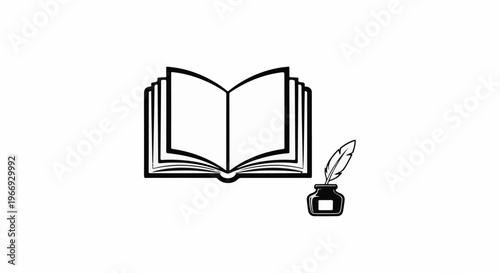 Open book and quill pen in inkwell, symbolic of literature and writing