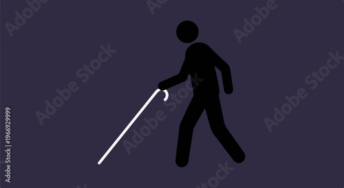 Silhouette figure with white cane navigates dark background