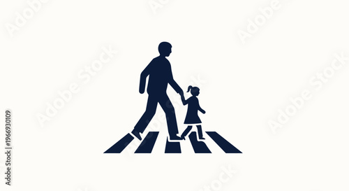 Silhouette of adult and child crossing a street on a crosswalk
