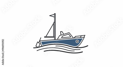 Stylized illustration of a blue motorboat sailing on stylized waves