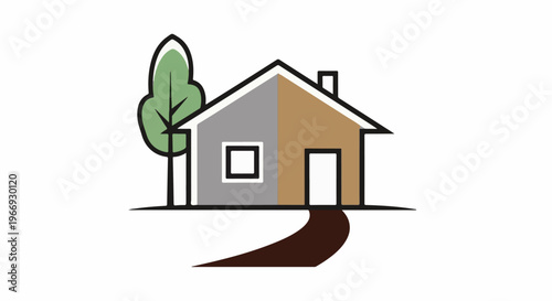 Stylized house with tree and path, two-toned facade