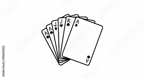 Hand of playing cards spread out on white background, including aces and a king