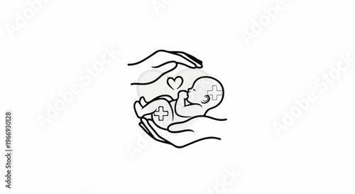 Gentle hands cradle a baby with medical symbols, symbolizing care and healing