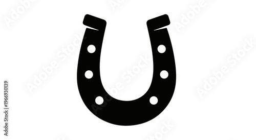 Simple black horseshoe silhouette with six white dots on a white background