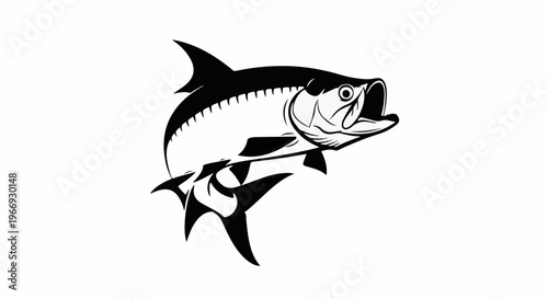 Dynamic leaping fish, black silhouette on a white background