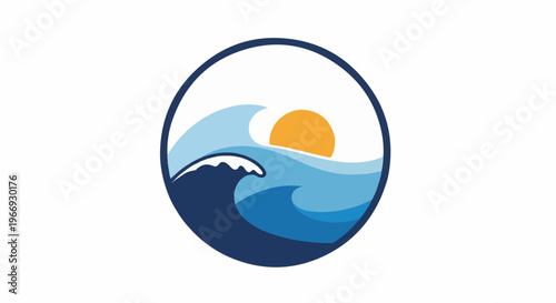 Stylized ocean waves and sun inside a dark blue circle, graphic icon