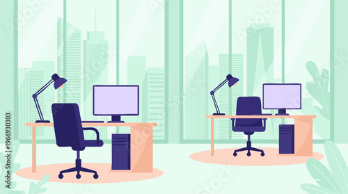 Empty office interior with modern workstations and city view illustration