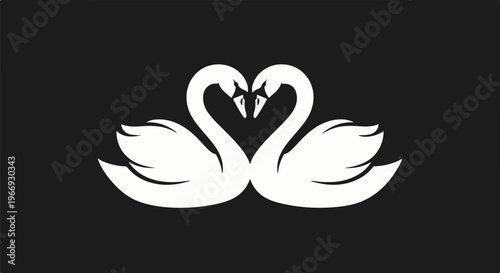 Two white swans form a heart shape with their necks on a dark background