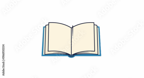 An open book with blank pages and a blue cover on a white background