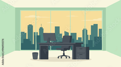 Modern office interior with desk, computer, and city skyline view