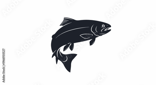 A dark silhouette of a fish leaping upwards against a white background