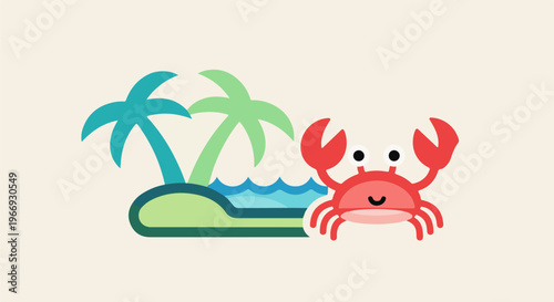 A cartoon crab sits on a tropical island with palm trees and ocean waves