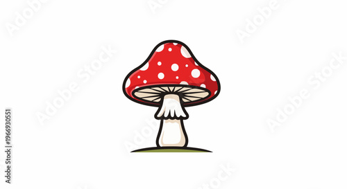 A cartoon-style illustration of a red mushroom with white spots and a white stem